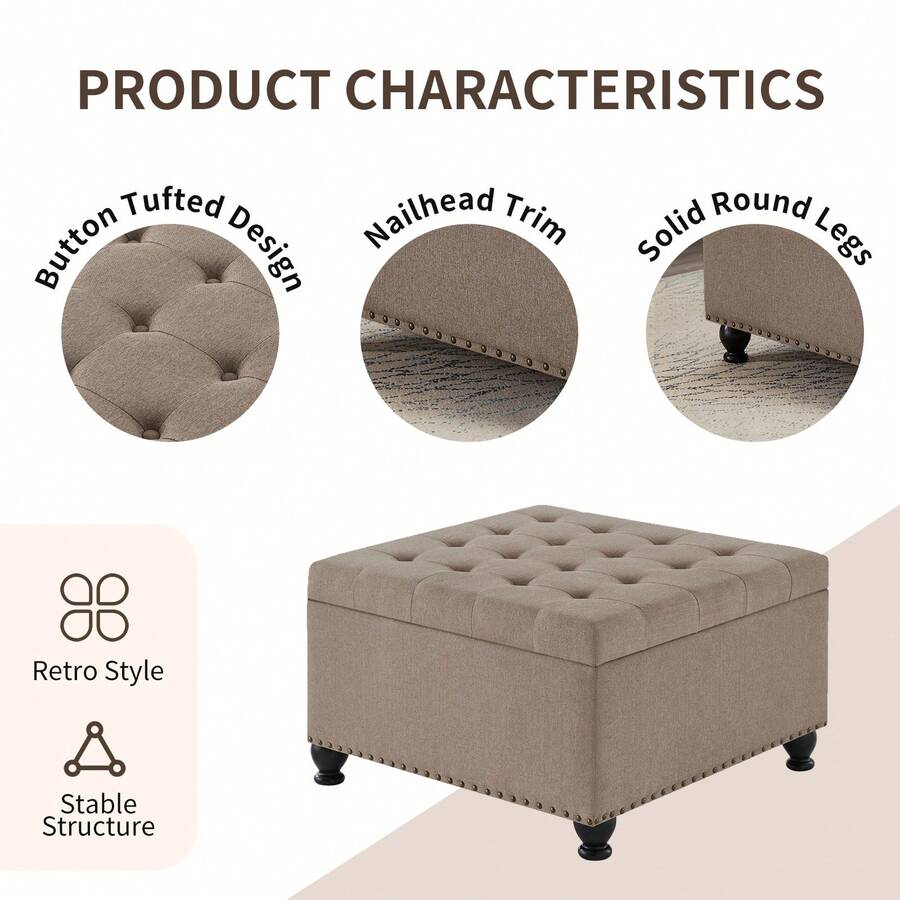 MidCentury Square Storage Ottoman Bench, Button Tufted Bench With Nailhead Trim, Upholstered