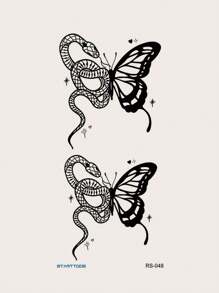 STARTTOOS 1張黑色半蝴蝶半蛇紋身貼紙,可貼於手臂、胸部、腹部、背部、身體其他部位 - 黑色 - 查看 3