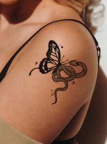 STARTTOOS 1張黑色半蝴蝶半蛇紋身貼紙,可貼於手臂、胸部、腹部、背部、身體其他部位 - 黑色 - 查看 2