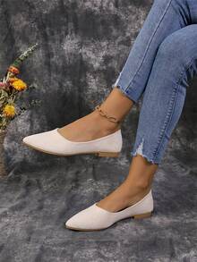 女士尖头平底鞋春季新款软底低帮平底潘托福舒适工作鞋韩版甜美蝴蝶结鞋 - 米色 - 查看 1