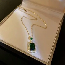 3 件/套婚礼珠宝精致水晶玻璃方形项链耳环戒指绿宝石三件套新款伴娘珠宝适合年轻女孩日常佩戴。 - 綠色 - 查看 3
