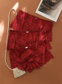 3 条装 花卉蕾丝扇贝边内裤 - 酒紅色 - 查看 2