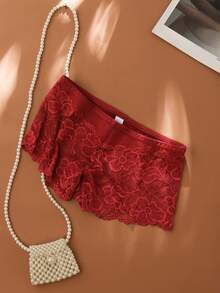 3 条装 花卉蕾丝扇贝边内裤 - 酒紅色 - 查看 4