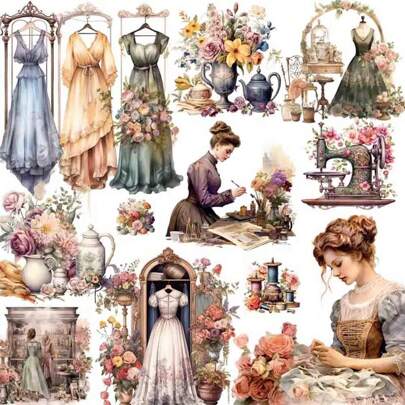 Vintage Sewing Set For Embellishment & Decoration, Including Sewing Machine, Thread, Pink Bridal Material, Scrapbook Decoration, Diy Accessories