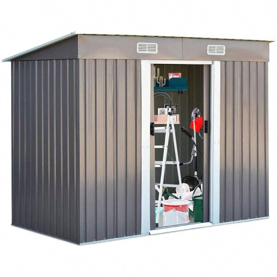 Metal Tool Shed 238 X 131 X 181 Cm, Tool Shed With 2 Sliding Doors & 4 Ventilation Windows & Pent Roof, Garden Shed For Garden Yard Balcony - 灰色 - 查看 1