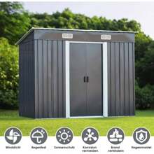 Metal Tool Shed 238 X 131 X 181 Cm, Tool Shed With 2 Sliding Doors & 4 Ventilation Windows & Pent Roof, Garden Shed For Garden Yard Balcony - 灰色 - 查看 4