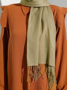 1pc Solid Color Fringed Muslim Hijab For Women, Daily Headscarf - Beige - View 6