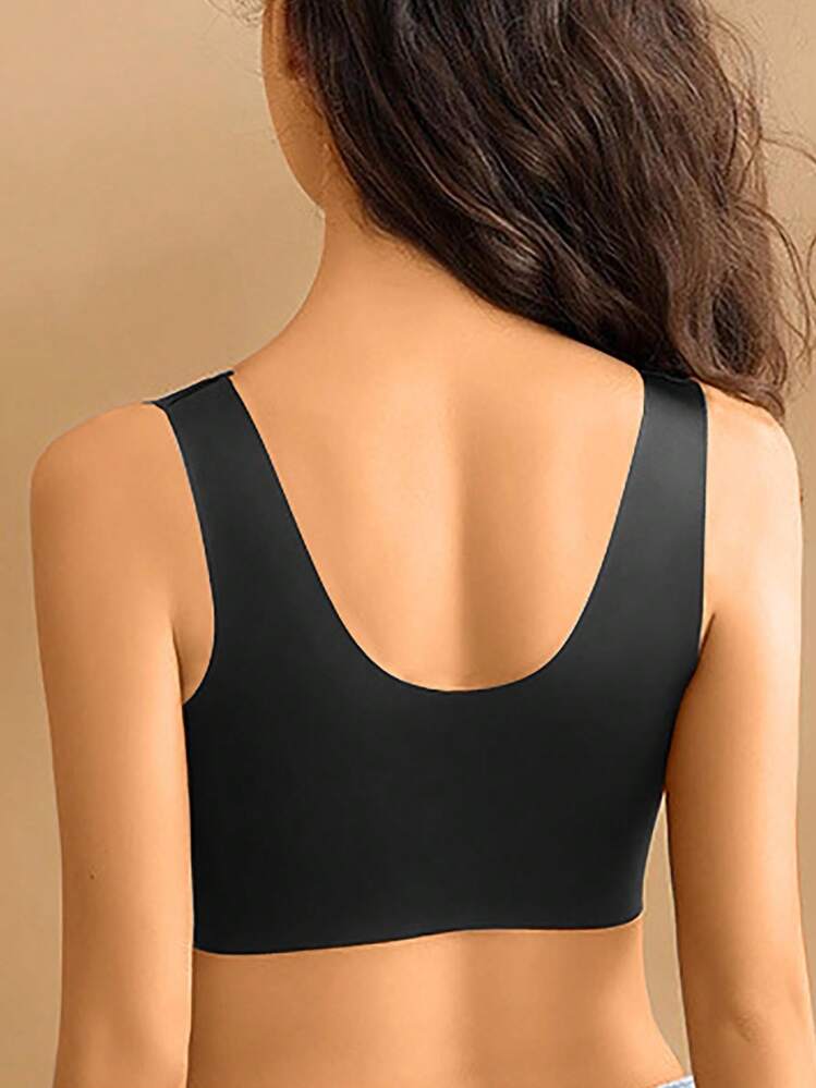 Women's Seamless Front Closure Lightweight Sports Bra, With Beauty Back Design, Push-Up And Side Support. Non-Wired And Simple Style., Lingerie - Black - View 4