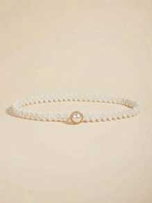 2pcs Women Pearl Elastic Waist Chain With Gold Flower & Bow Accent, Suitable For Evening Dress, Parties, Weddings, Mother's Day Gift