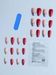 Get Glamorous With 24pcs Long Almond Leaf Print Glitter Fake Nail Kit For Women And Girls - Red - View 2