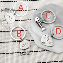 1 件可愛貓、魚骨、魚、貓吃魚合金鑰匙圈、節日和派對包吊墜 - 銀色 - 查看 1