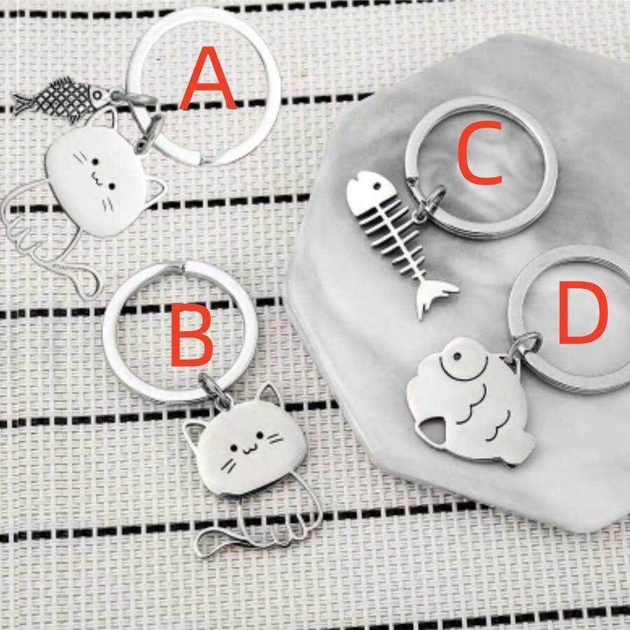 1 件可愛貓、魚骨、魚、貓吃魚合金鑰匙圈、節日和派對包吊墜 - 銀色 - 查看 1