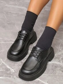 學院牛津鞋適合女士,前綁帶防水台坡跟鞋 - 黑色 - 查看 4