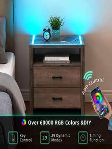 Nightstand With LED Lights,Night Stand / Bedside Table With 2 Drawers And Open Storage,Modern End Side Table For Bedroom - 灰色 - 查看 3