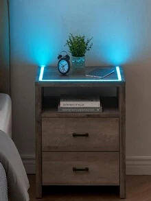 Nightstand With LED Lights,Night Stand / Bedside Table With 2 Drawers And Open Storage,Modern End Side Table For Bedroom - 灰色 - 查看 1