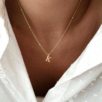 1pc Classic Initial Pendant Stainless Steel Bead Chain Necklace For Women