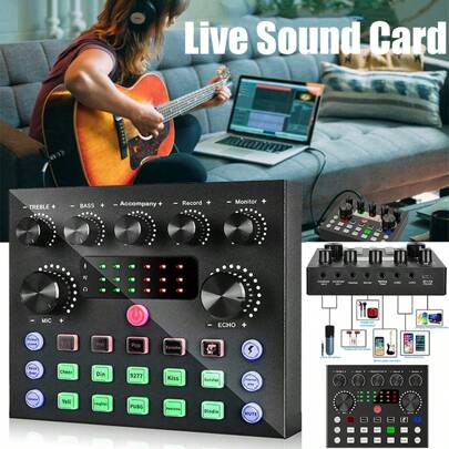 بطاقة صوت V8S مع تأثيرات محول الصوت، مثالية لتسجيل الكمبيوتر والغناء والبث والألعاب (بطارية 500 مللي أمبير)