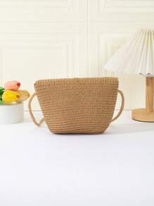 Hàng mới đến Trẻ em Dệt Rơm rạ Túi đeo chéo Đối với Ngoài trời , Đúng mốt Cô gái Túi Sling - Màu Khaki - Xem 3