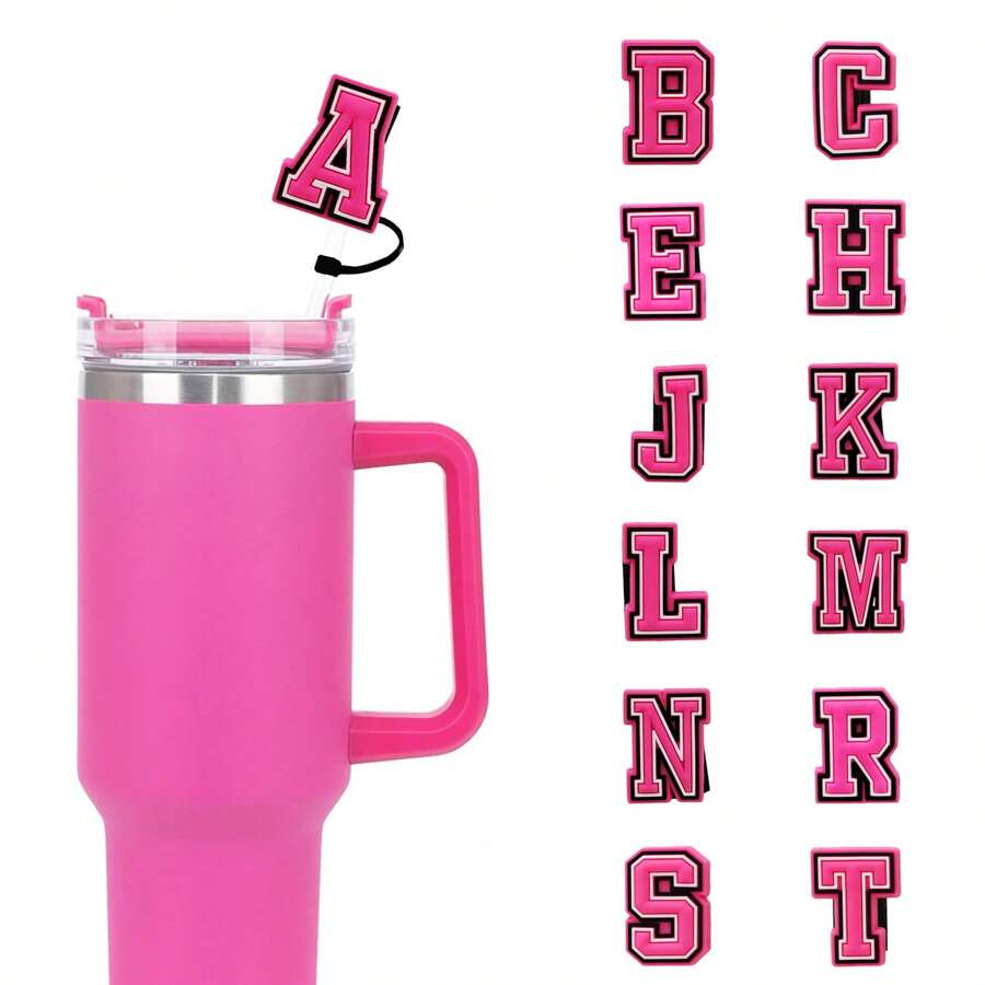 Nắp ống hút chữ cái viết tắt bằng silicon dễ thương 0,4in cho cốc, ống hút chống bụi có thể tái sử dụng, phụ kiện trang trí cá nhân cho cốc (màu hồng), nhà bếp, quà tặng giáng sinh, đồ dùng học tập - Hồng - Xem 1