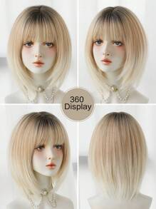 7JHH WIGS 渐变金色假发 女士短直鲍勃假发 带刘海 深色发根 自然造型合成耐热发质 时尚女士假发 适合女孩日常学校派对服装使用 12 英寸 - 彩色 - 查看 5