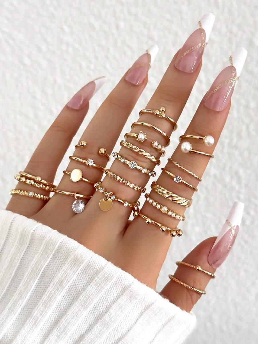 22pcs Geometric Rings Set, Sophisticated Faux Pearl And Rhinestone Inlaid Rings, Suitable For Women's Daily Wear - Gold - View 1