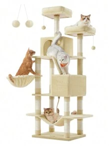 Feandrea Arbre à Chat, Hauteur 168 cm, avec 13 Griffoirs, 2 Plate-Forme, 2 Niches, Panier, Hamac, Pompon, Tissu Peluche, Multi-Niveaux pour Chat d'Intérieur - Beige - Voir 3