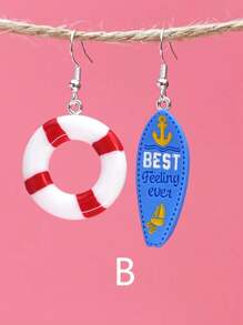 1 件海洋风格 3D 冲浪板和救生圈形状耳环，个性化时尚耳饰 - 彩色 - 查看 3