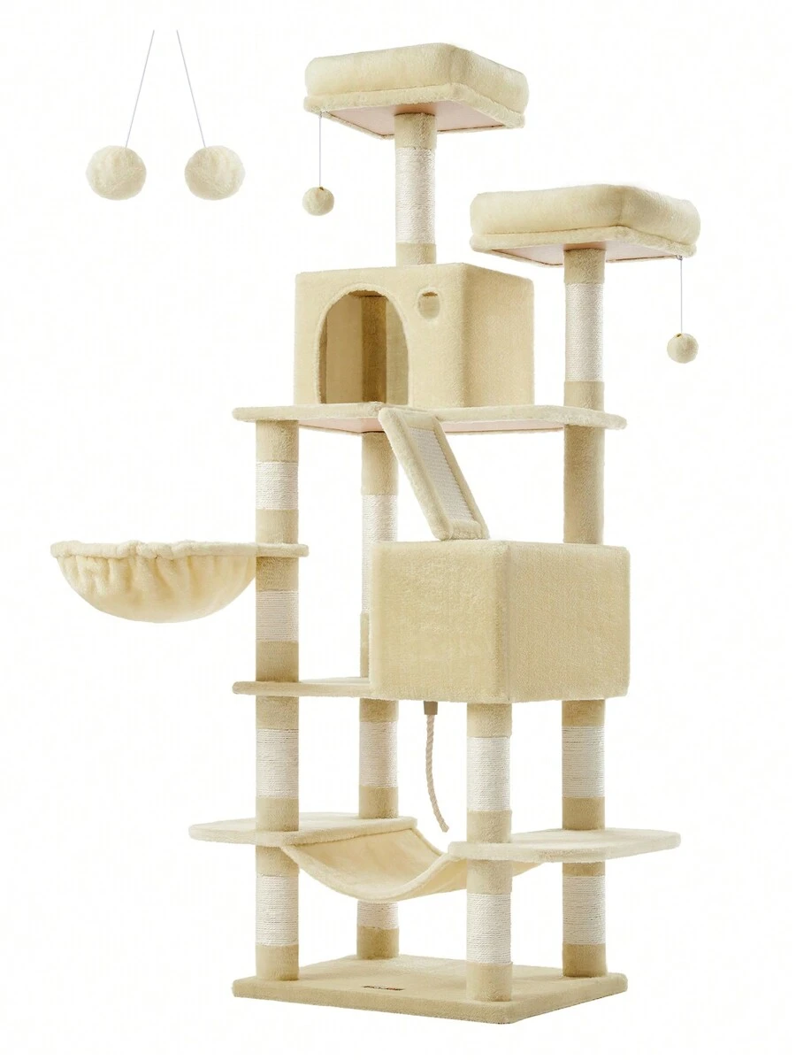 Feandrea Arbre à Chat, Hauteur 168 cm, avec 13 Griffoirs, 2 Plate-Forme, 2 Niches, Panier, Hamac, Pompon, Tissu Peluche, Multi-Niveaux pour Chat d'Intérieur
