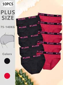 10 piezas Bragas tipo hipster cómodas y transpirables con estampado de letra y corazón para tallas grandes - Multicolor - Ver 1
