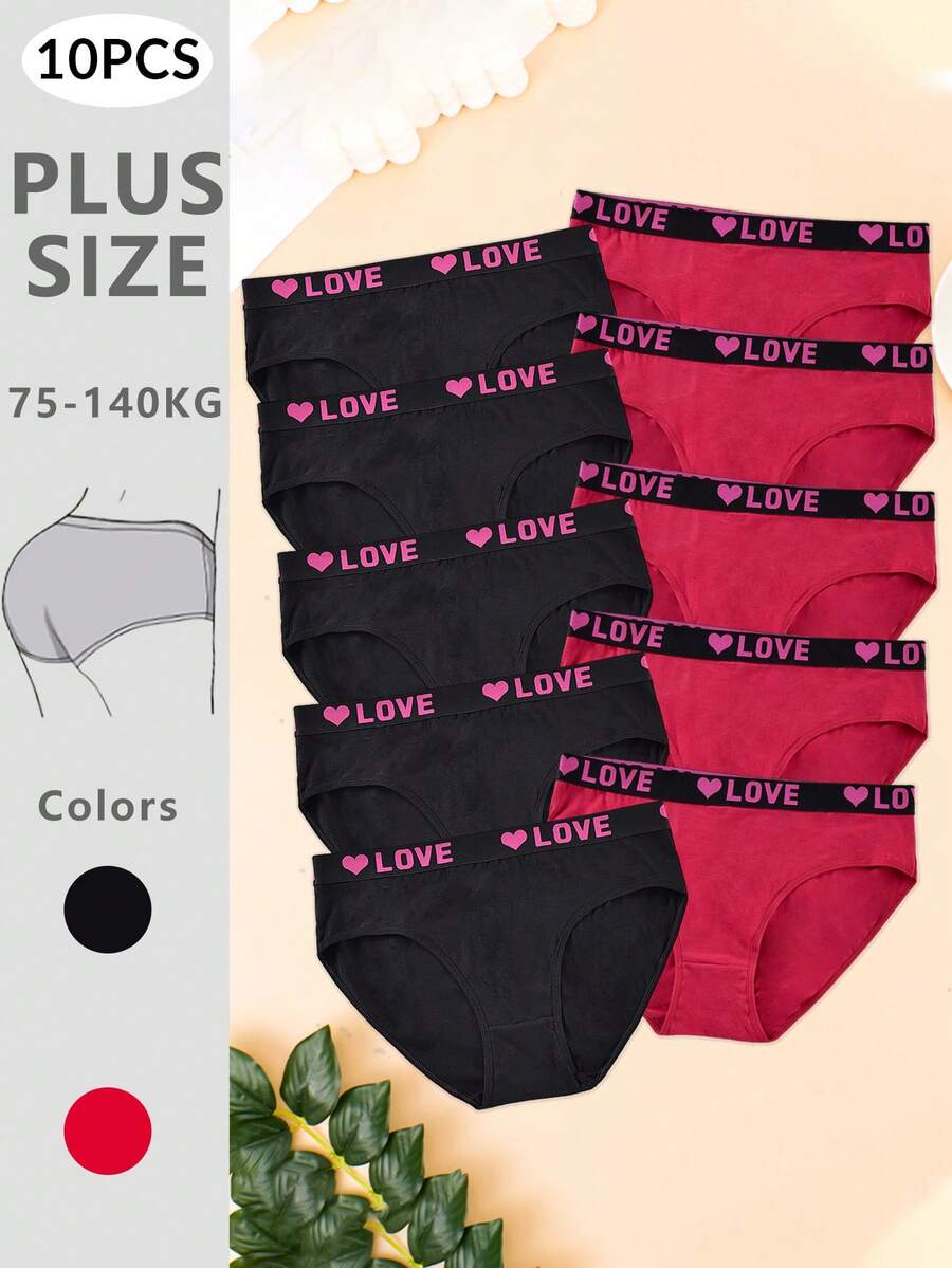 10 piezas Bragas tipo hipster cómodas y transpirables con estampado de letra y corazón para tallas grandes - Multicolor - Ver 1
