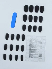 Get Glamorous With 24pcs Short Square Black Solid Matte Plain Fake Nail & 1sheet Tape & 1pc Nail File Press On Nails Nail Supplies - Black - View 2