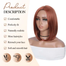 女性bob卷短髮假髮,12吋彩色cosplay性感假髮,合成纖維自然假髮,中分補髮,適用於日常和派對使用 - 銅色 - 查看 3