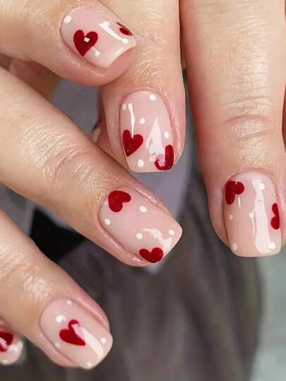 24pcs Y2K Nude Pink Short Square False Nails, Red Heart & White Polka Dot Design, Full Cover Fake Nail Set, Includes 1 Nail File & 1 Nail Glue Sticker, Suitable As Manicure Gift For Girls & Moms, Also Suitable For Wholesale Nail Supplies, Can Be Worn For Holidays, Parties, Dates And Daily Use.