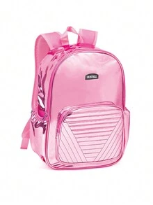 1入組中性單色聚酯纖維可調肩帶拉鍊關閉全搭配簡約背包,適用於學校/辦公室/旅行 - 粉色 - 查看 3