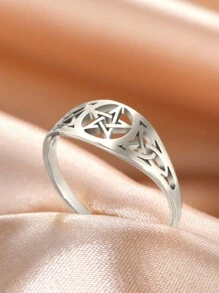 1pc Stainless Steel Vintage Pentagram Ring, Unisex Fashionable Hiphop Amulet Finger Ring, Couple/Holiday Gift