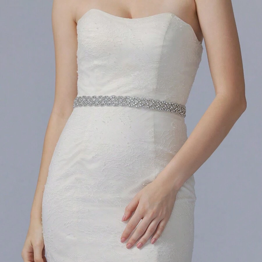 1set 1pc Silver Rhinestone Belt, Handmade Bridal Waistband, Sparkling Party Accessory - Multicolor - View 1