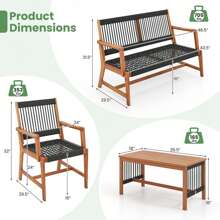 Patio 4pcs Acacia Wood Conversation Table & Chair Set Hand-Woven Rope Outdoor - 黑色 - 查看 2