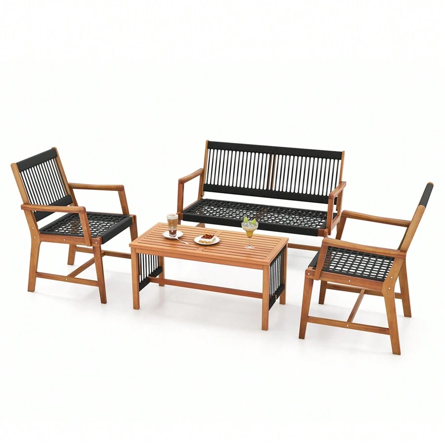 Patio 4pcs Acacia Wood Conversation Table & Chair Set Hand-Woven Rope Outdoor - 黑色 - 查看 1