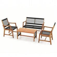 Patio 4pcs Acacia Wood Conversation Table & Chair Set Hand-Woven Rope Outdoor - 黑色 - 查看 9