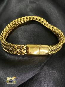 PULSEIRA MASCULINA GROSSA MODELO CUBANA BANHADA A OURO - Dourado - Visão 1