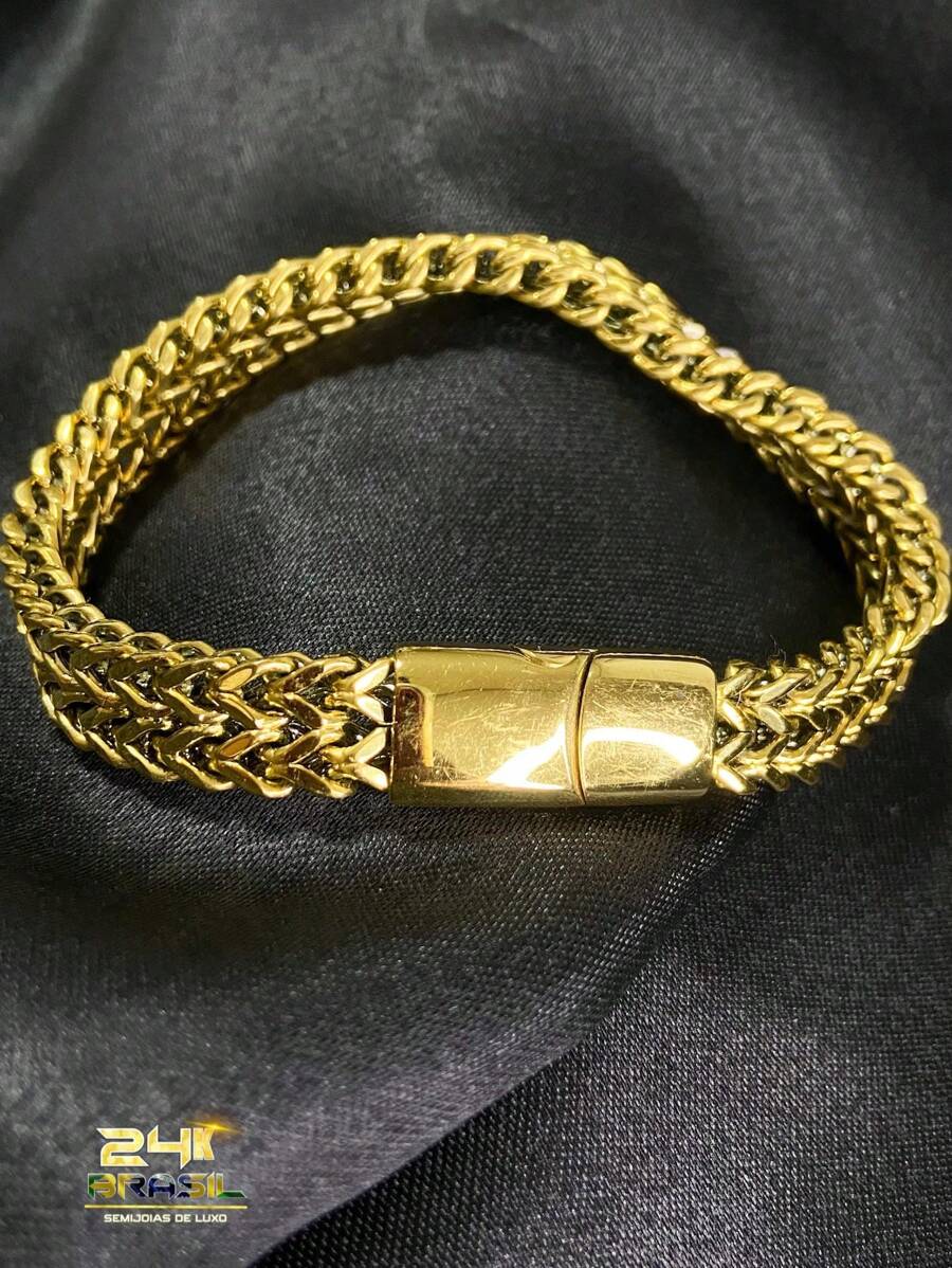 PULSEIRA MASCULINA GROSSA MODELO CUBANA BANHADA A OURO - Dourado - Visão 1