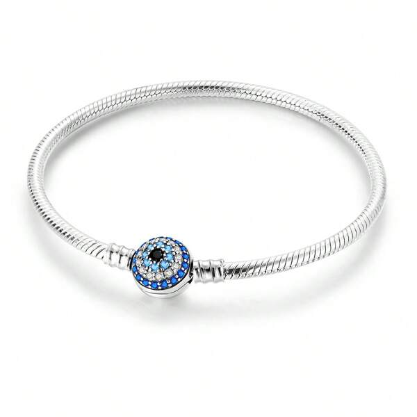 1 Pieza Pulsera De Hueso De Serpiente Básica Suave De De Ojo Malvado De Circonita Cúbica Azul Y Blanca Brillante Chapada En Plata