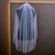 Affordable Bridal Wedding Veil, Short Length With Pencil Edge & Pearls, 1pc Fall Clothes For Women - Multicolor - View 9