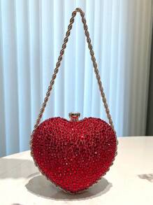 HCBCBY Clutch Bag For Banquet And Formal Occasion, Red Heart Shaped Rhinestone Decor Evening Bag Fashion Handbag With Metal Chain Strap For Women To Be Used As Shoulder/Crossbody Bag For Party, Dance, Wedding., Perfect Valentines Day Gift For Her, Best Valentine's Gift Choice Ever Valentines, Fashionable Heart Purse, Perfectly Match With Valentine's Day Dress