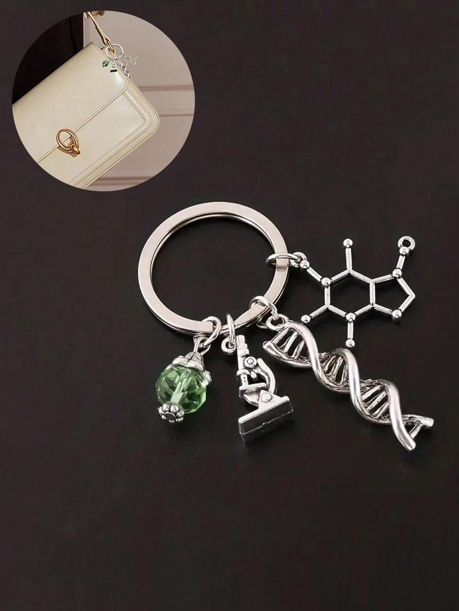 顯微鏡和DNA雙螺旋鑰匙扣科學禮物，適用於實驗室技術人員/學生/教師，DNA雙螺旋吊飾顯微鏡吊飾鑰匙扣化學生物禮物鑰匙扣畢業禮物3D DNA雙螺旋頸鍊銀色鑰匙扣吊飾鑰匙圈 - 銀色 - 查看 1