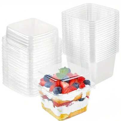 10 件/15 件/25 件/30 件/50 件带盖塑料甜点杯、8 盎司可重复使用的纸杯蛋糕容器、透明方形单个甜点盒、密封蛋糕储物盒，用于甜点松饼纸杯蛋糕布丁慕斯、派对食品包装盒、慕斯芝士蛋糕外卖盒、派对用品