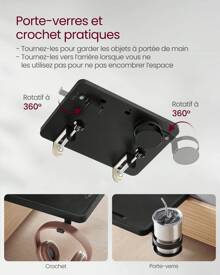 VASAGLE Table de Chevet, Plateau de Lit, Étagère de Lit, pour Lit Superposé, pour Lit Mezzanine, Emplacement pour Téléphone, Porte-Verre Rotatif, Crochet, Pinces Réglables, Noir d'Encre - Noir - Voir 4