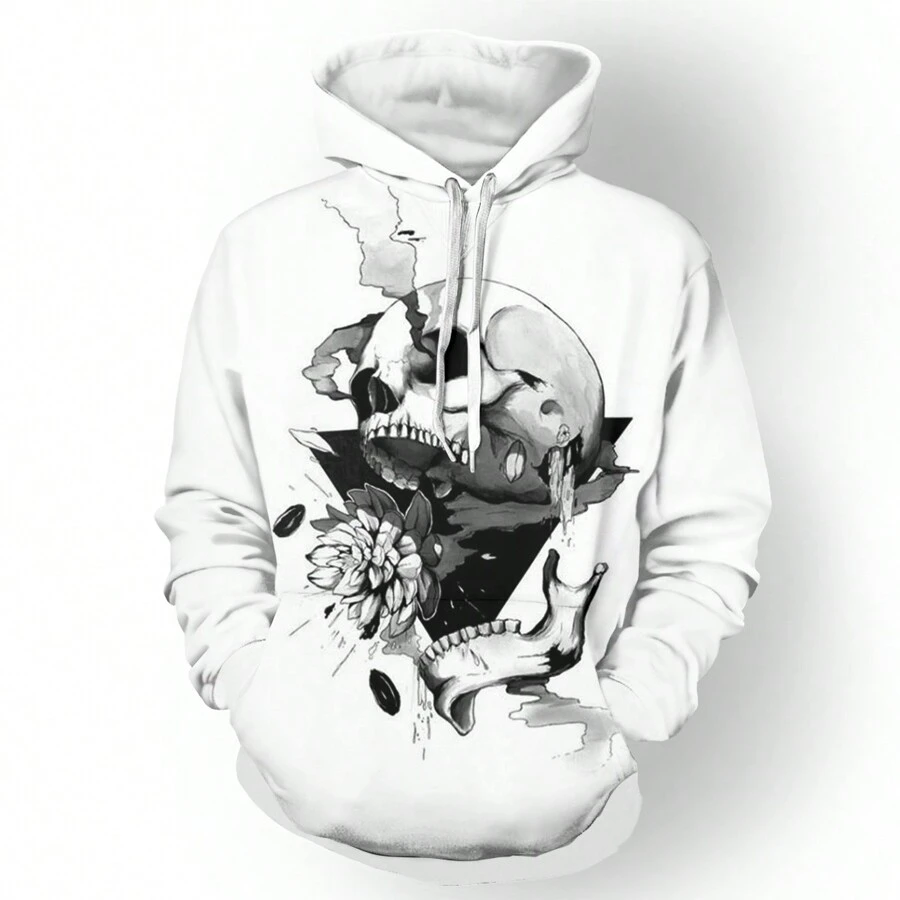 Max Storm 男士3D印花运动卫衣，骷髅花朵图案，运动卫衣，街头风基础款运动日常穿着健身服 - 白色 - 查看 1
