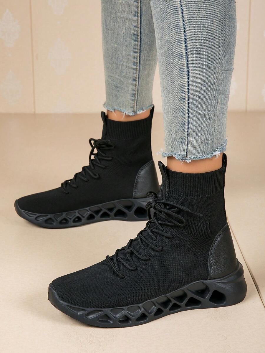 Của phụ nữ Đơn giản & Đúng mốt Giải trí Đen Dệt kim Vớ Giày dép Với Coa dây Đáy - Giày lười Giày ống Ngắn - màu đen - Xem 1