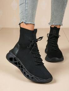 Của phụ nữ Đơn giản & Đúng mốt Giải trí Đen Dệt kim Vớ Giày dép Với Coa dây Đáy - Giày lười Giày ống Ngắn - màu đen - Xem 2